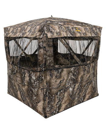 Eclipse Blind - REALTREE EXCAPE® - Front quarter view of blind with all windows open showing 360º curtain-style viewing area