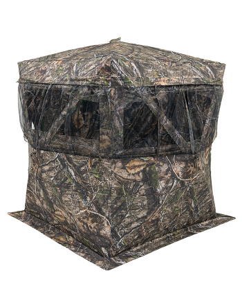 Evade Blind - Mossy Oak® Country DNA® - Front quarter view of blind showing ground skirt and 180° curtain-style viewing area with "shoot-thru" mesh 